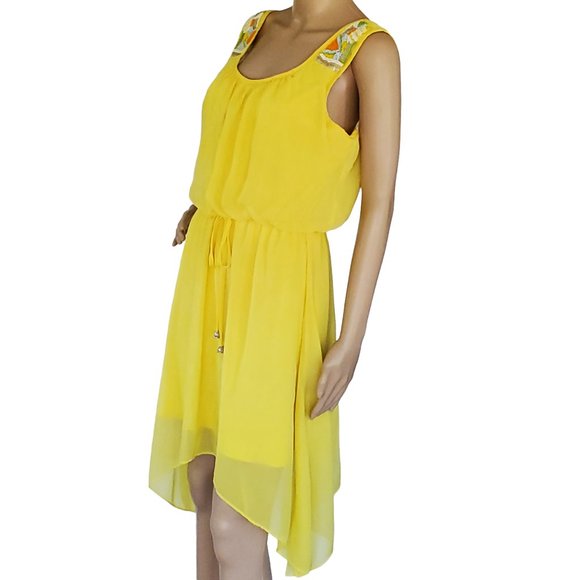 Yellow Beaded Sleeveless Sundress Women's Medium Lined Flared City Triangle - Picture 1 of 11